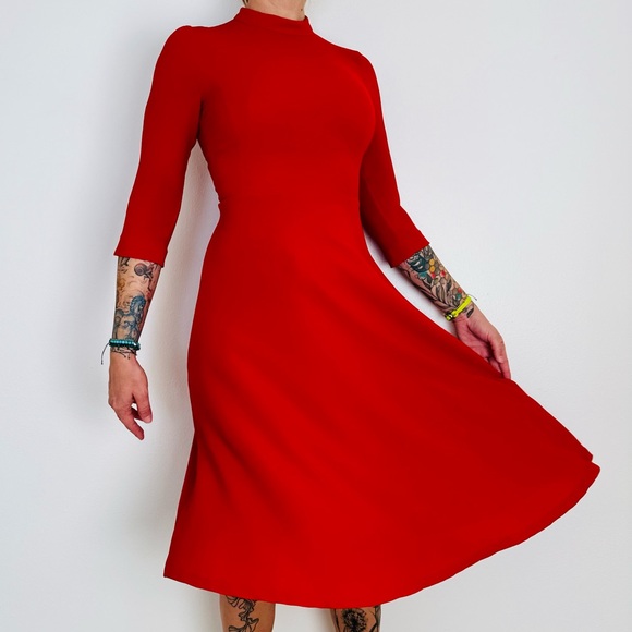 Zara flare midi dress A-line skater red mock neck - Picture 2 of 11